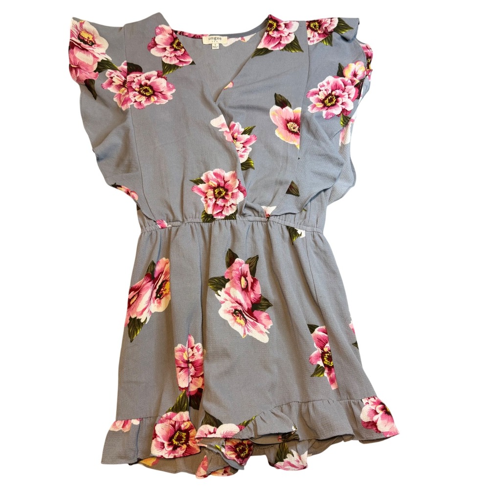 Umgee USA‎ Floral Romper Blue Pink Flutter Sleeve V-Neck Ruffle Hem Small C1190